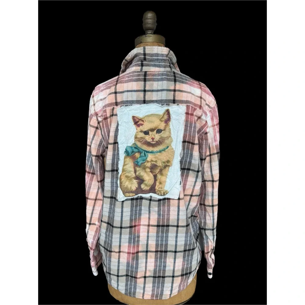 Upcycled Cat Patch Flannel Shirt Medium PacSun Cottagecore Folk Art - Picture 2 of 7
